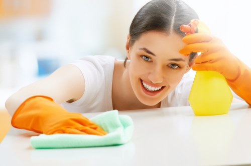 Cleaner disinfecting shared hallway handrail