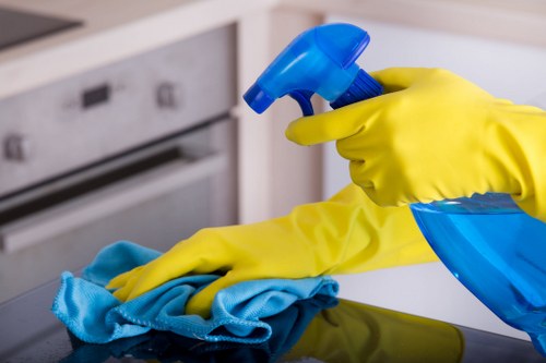 Professional deep cleaning in a kitchen with appliances and counters
