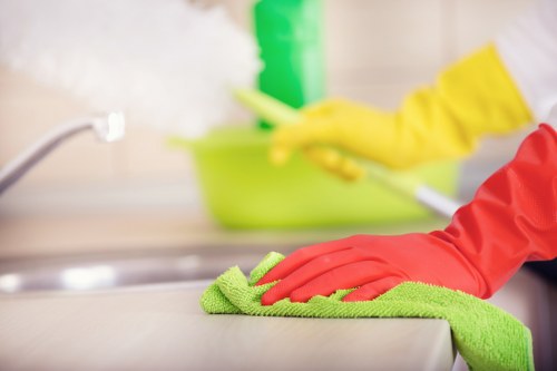 Turnover cleaning supplies prepared for a short-term rental