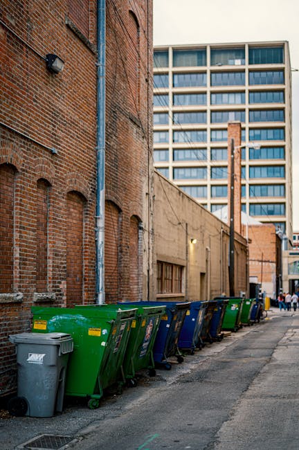 An alleyway adjacent to a commercial building with a dark, weathered exterior wall featuring visible cracks and patches. On the right side, there is a barred door made of metal. Along the side of the